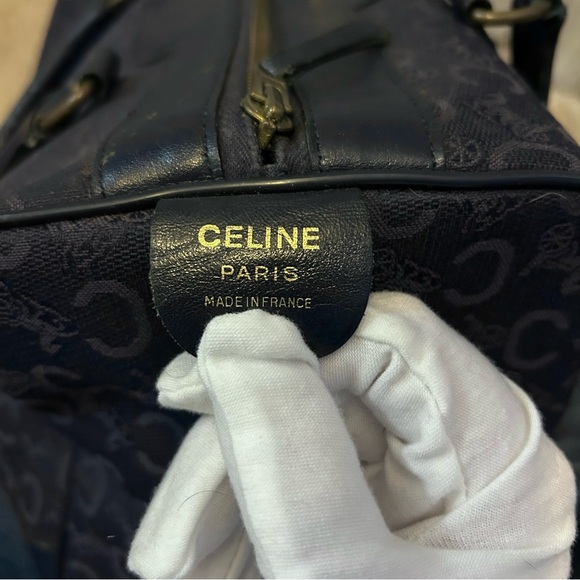 CELINE Authentic Vintage C Macadam Navy Blue Canvas Leather Trim Boston Bag Tote - Picture 8 of 17